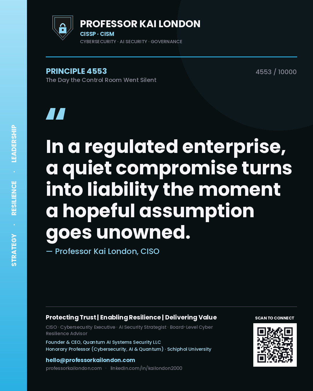 Professor Kai London principle 4553: In a regulated enterprise, a quiet compromise turns into liability the moment a hopeful assumption goes unowned.