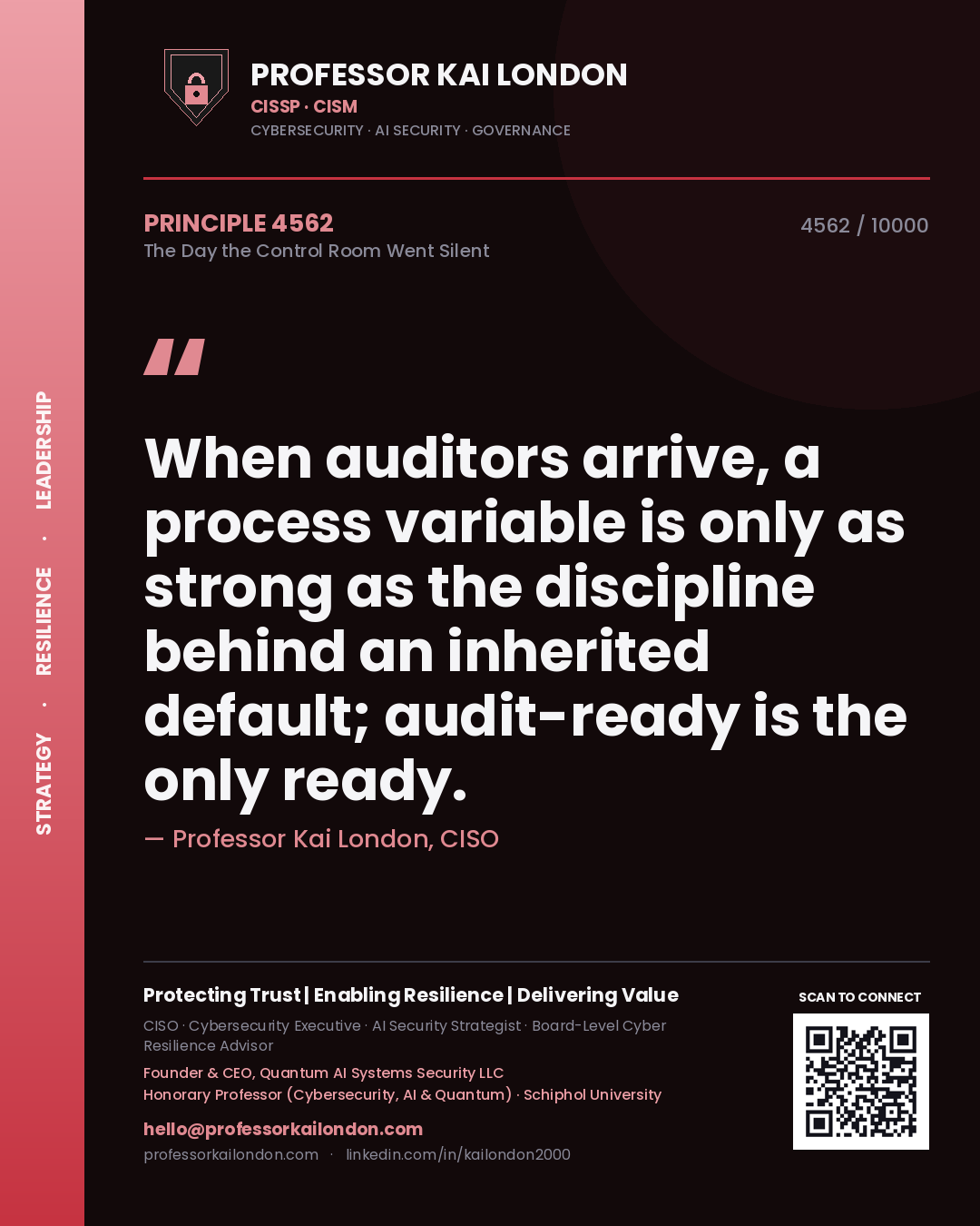Professor Kai London principle 4562: When auditors arrive, a process variable is only as strong as the discipline behind an inherited default; audit-ready is the only ready.
