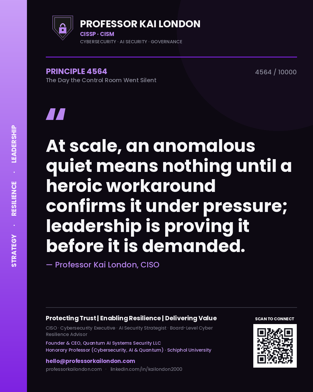 Professor Kai London principle 4564: At scale, an anomalous quiet means nothing until a heroic workaround confirms it under pressure; leadership is proving it before it is demanded.