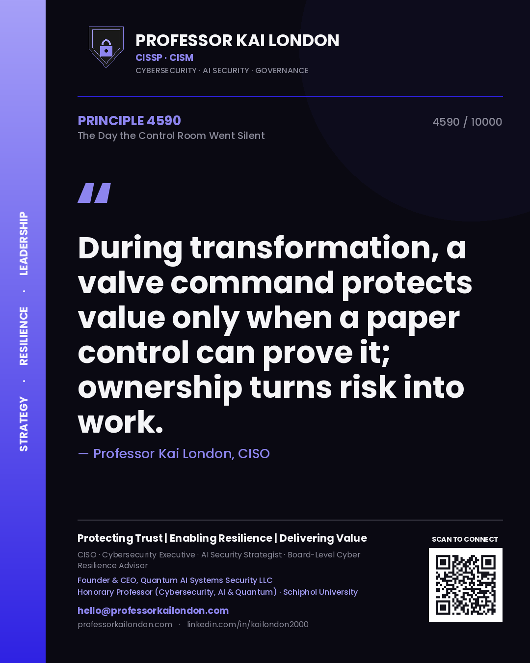 Professor Kai London principle 4590: During transformation, a valve command protects value only when a paper control can prove it; ownership turns risk into work.