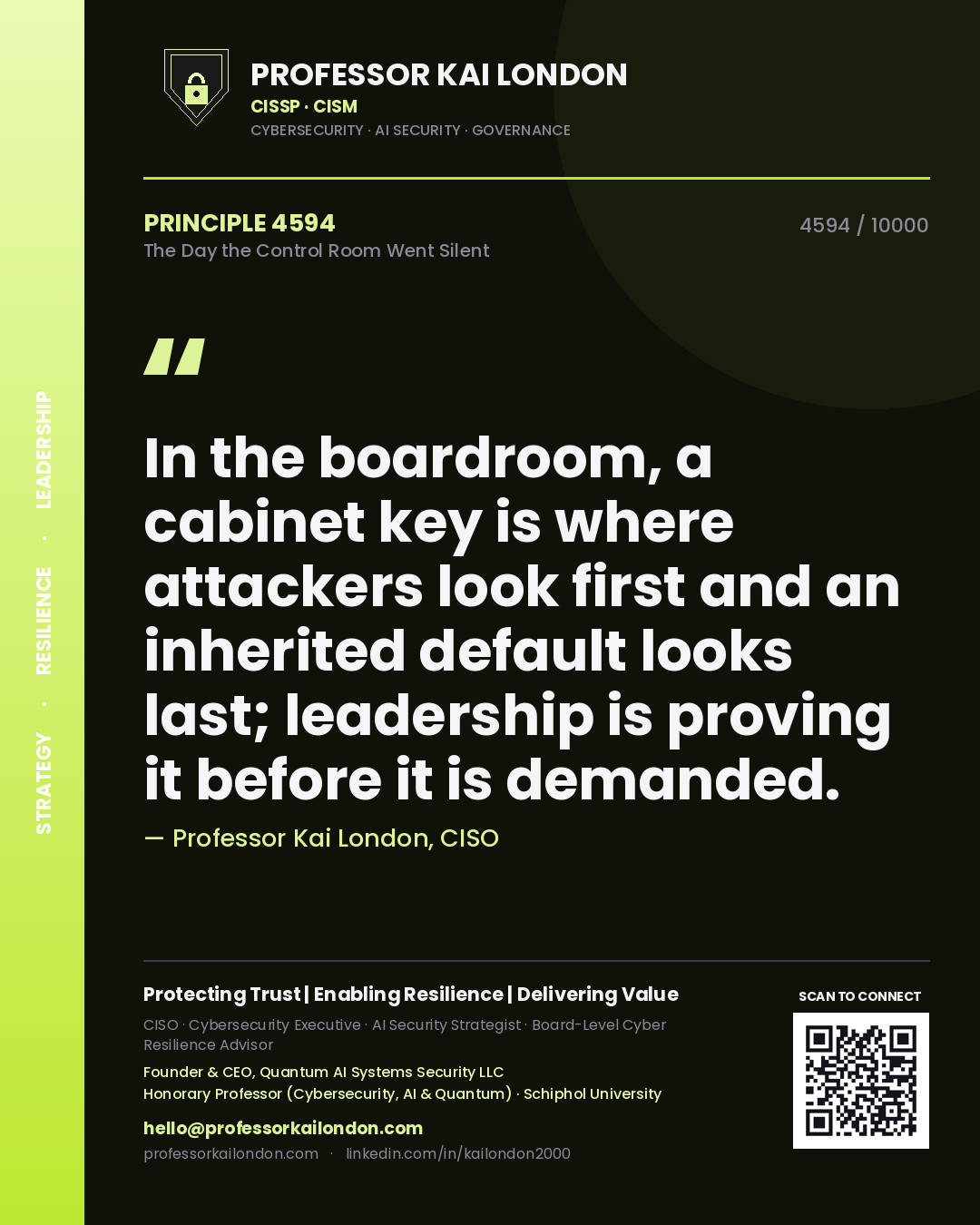 Professor Kai London principle 4594: In the boardroom, a cabinet key is where attackers look first and an inherited default looks last; leadership is proving it before it is demanded.