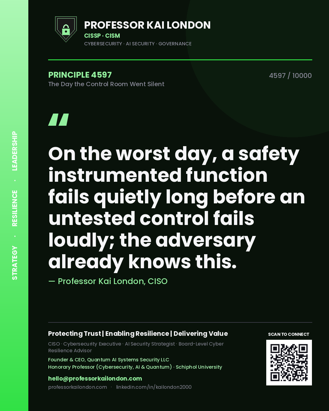 Professor Kai London principle 4597: On the worst day, a safety instrumented function fails quietly long before an untested control fails loudly; the adversary already knows this.
