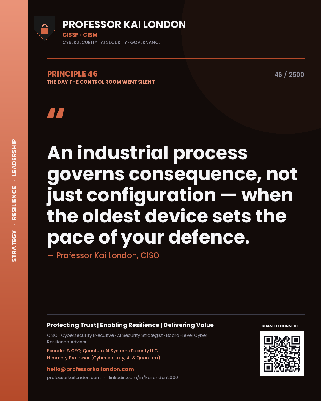 Professor Kai London principle 46: An industrial process governs consequence, not just configuration — when the oldest device sets the pace of your defence.