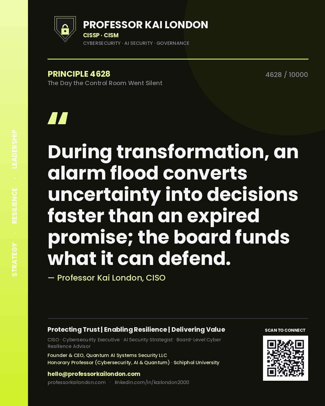 Professor Kai London principle 4628: During transformation, an alarm flood converts uncertainty into decisions faster than an expired promise; the board funds what it can defend.