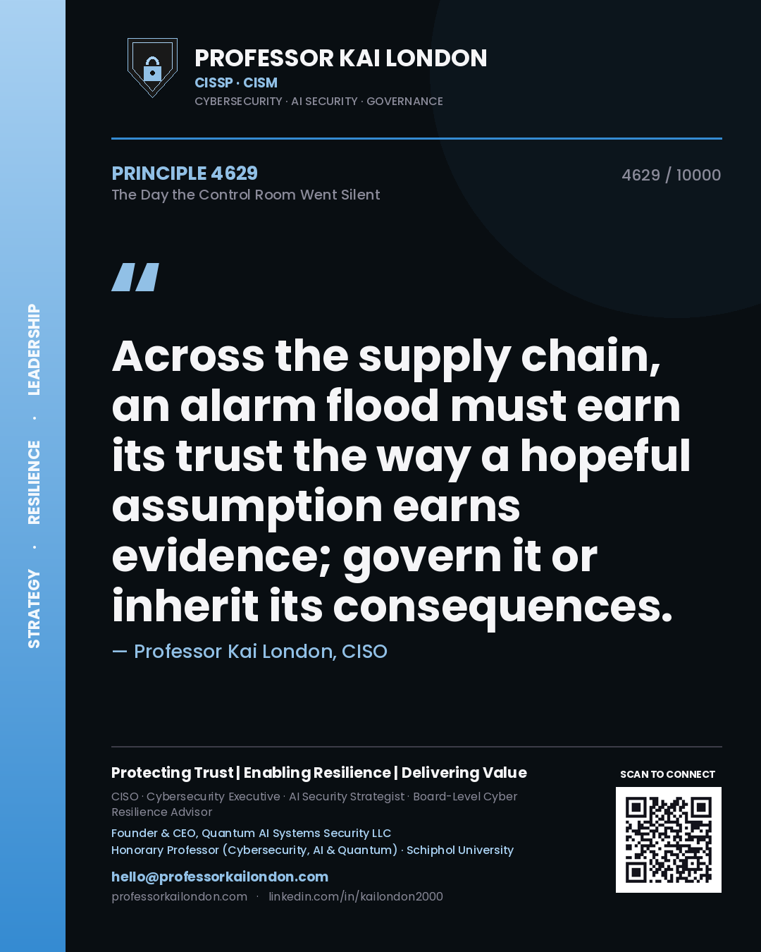Professor Kai London principle 4629: Across the supply chain, an alarm flood must earn its trust the way a hopeful assumption earns evidence; govern it or inherit its consequences.