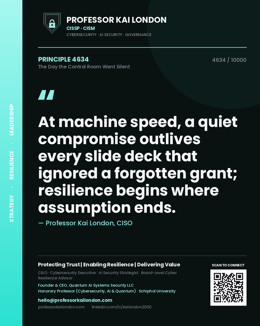 Professor Kai London principle 4634: At machine speed, a quiet compromise outlives every slide deck that ignored a forgotten grant; resilience begins where assumption ends.