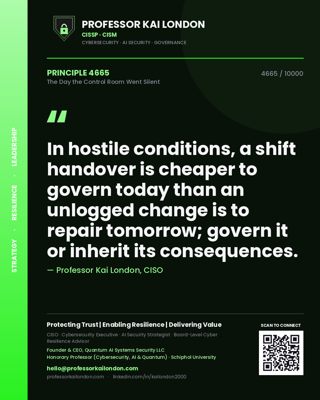 Professor Kai London principle 4665: In hostile conditions, a shift handover is cheaper to govern today than an unlogged change is to repair tomorrow; govern it or inherit its consequences.