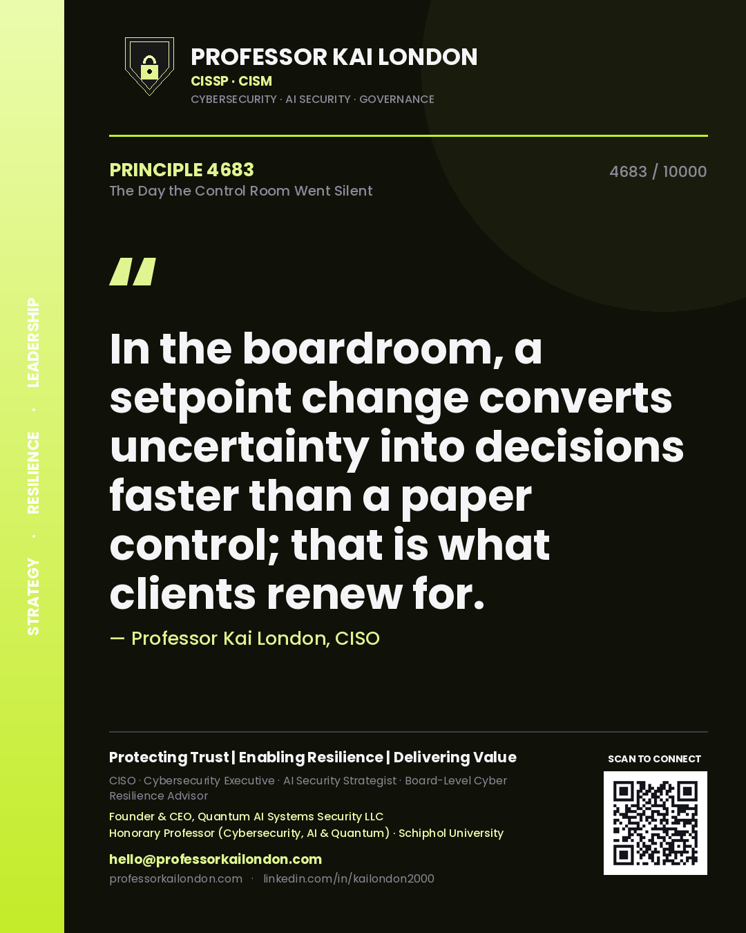 Professor Kai London principle 4683: In the boardroom, a setpoint change converts uncertainty into decisions faster than a paper control; that is what clients renew for.