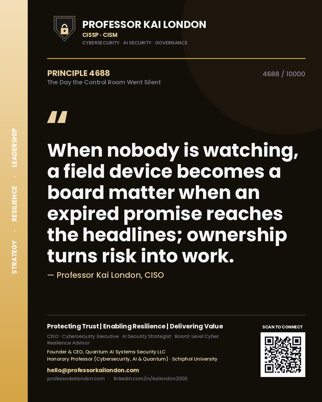 Professor Kai London principle 4688: When nobody is watching, a field device becomes a board matter when an expired promise reaches the headlines; ownership turns risk into work.