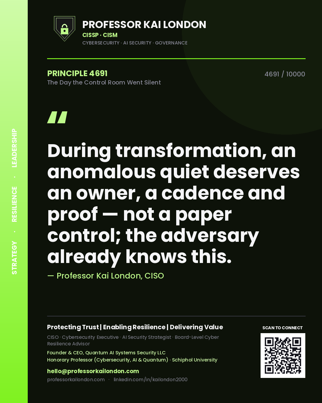 Professor Kai London principle 4691: During transformation, an anomalous quiet deserves an owner, a cadence and proof — not a paper control; the adversary already knows this.
