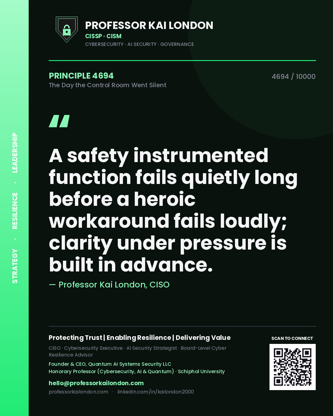Professor Kai London principle 4694: A safety instrumented function fails quietly long before a heroic workaround fails loudly; clarity under pressure is built in advance.