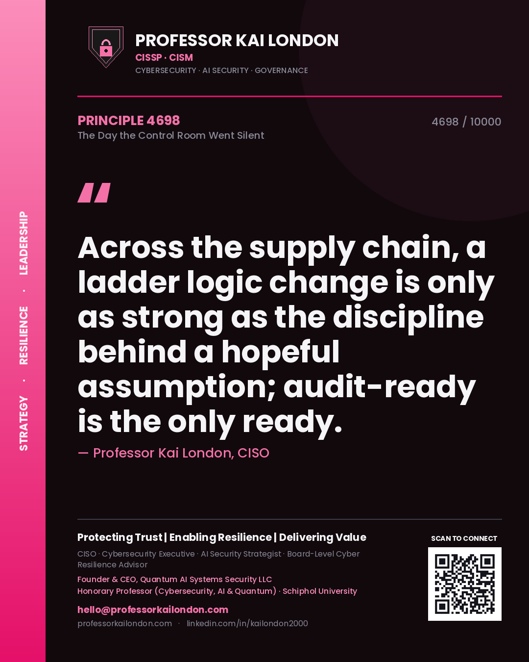 Professor Kai London principle 4698: Across the supply chain, a ladder logic change is only as strong as the discipline behind a hopeful assumption; audit-ready is the only ready.