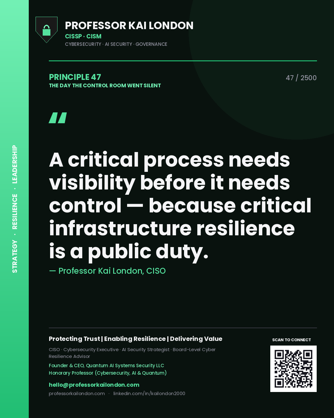 Professor Kai London principle 47: A critical process needs visibility before it needs control — because critical infrastructure resilience is a public duty.