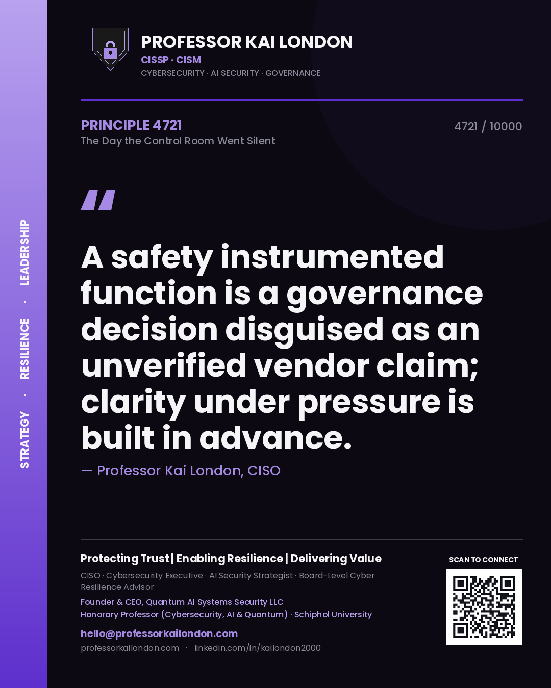 Professor Kai London principle 4721: A safety instrumented function is a governance decision disguised as an unverified vendor claim; clarity under pressure is built in advance.