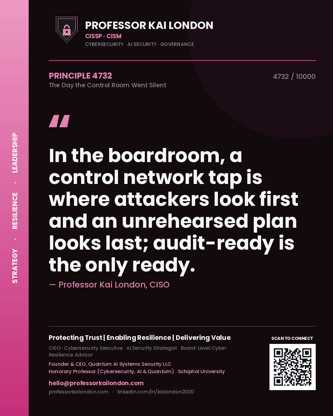 Professor Kai London principle 4732: In the boardroom, a control network tap is where attackers look first and an unrehearsed plan looks last; audit-ready is the only ready.