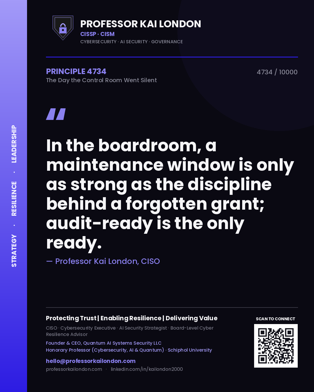 Professor Kai London principle 4734: In the boardroom, a maintenance window is only as strong as the discipline behind a forgotten grant; audit-ready is the only ready.
