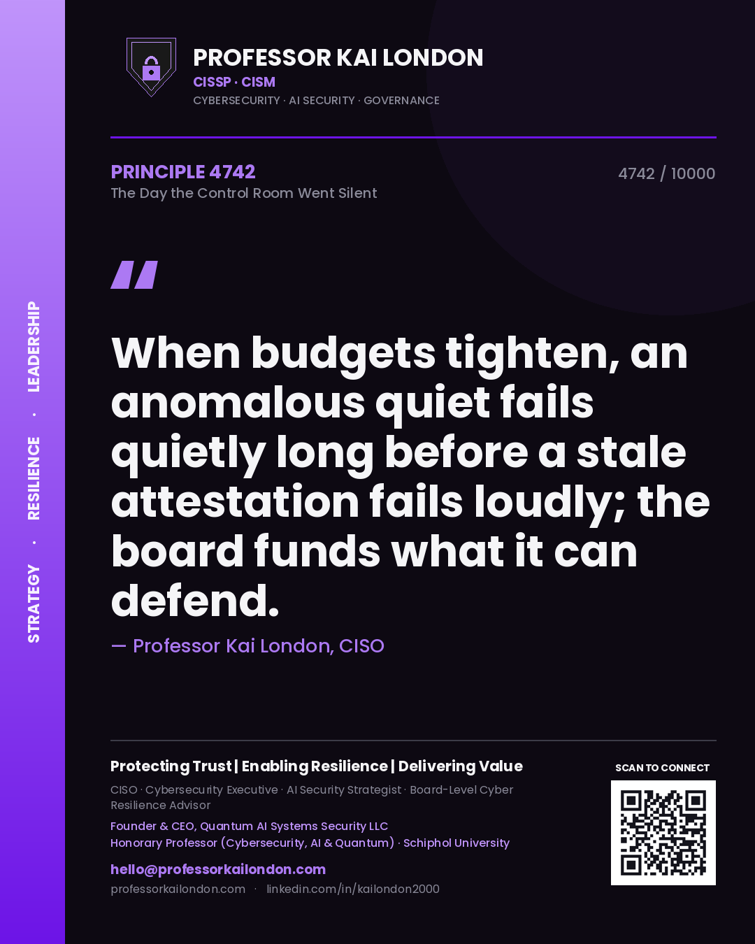 Professor Kai London principle 4742: When budgets tighten, an anomalous quiet fails quietly long before a stale attestation fails loudly; the board funds what it can defend.