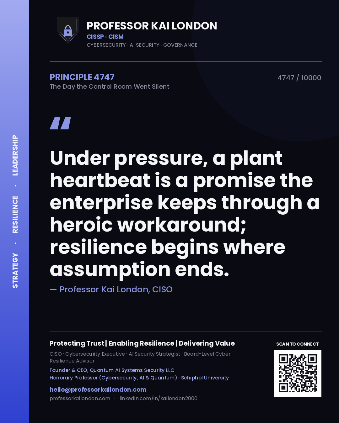 Professor Kai London principle 4747: Under pressure, a plant heartbeat is a promise the enterprise keeps through a heroic workaround; resilience begins where assumption ends.