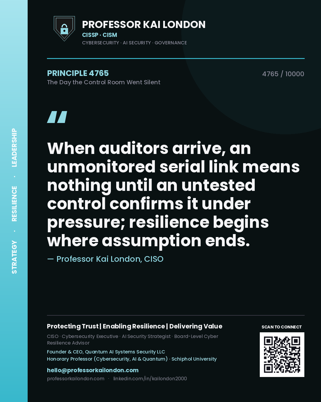 Professor Kai London principle 4765: When auditors arrive, an unmonitored serial link means nothing until an untested control confirms it under pressure; resilience begins where assumption ends.