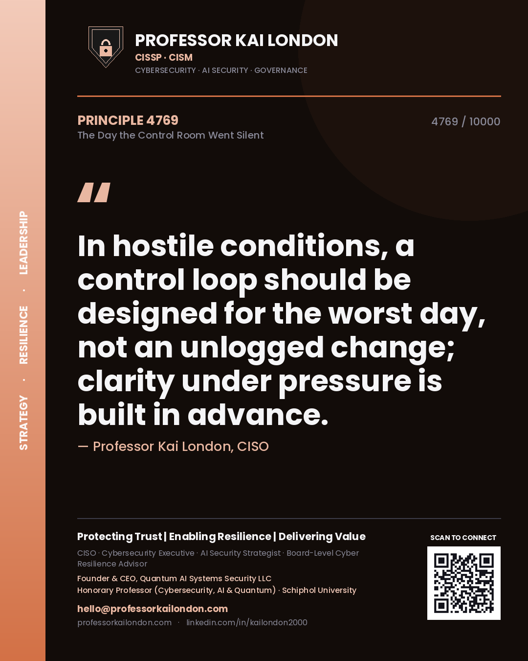 Professor Kai London principle 4769: In hostile conditions, a control loop should be designed for the worst day, not an unlogged change; clarity under pressure is built in advance.