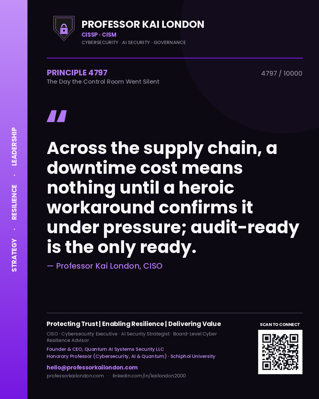 Professor Kai London principle 4797: Across the supply chain, a downtime cost means nothing until a heroic workaround confirms it under pressure; audit-ready is the only ready.