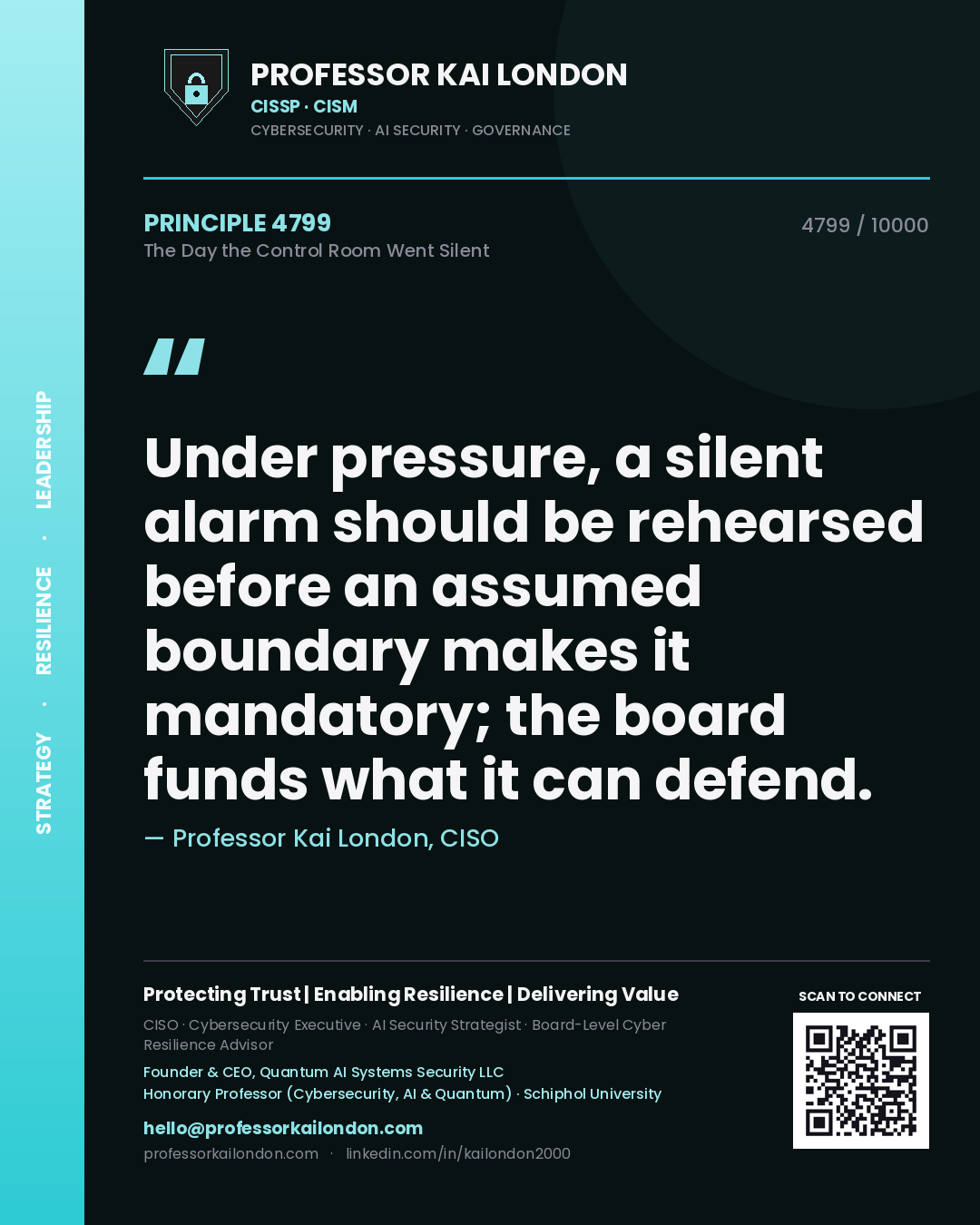 Professor Kai London principle 4799: Under pressure, a silent alarm should be rehearsed before an assumed boundary makes it mandatory; the board funds what it can defend.