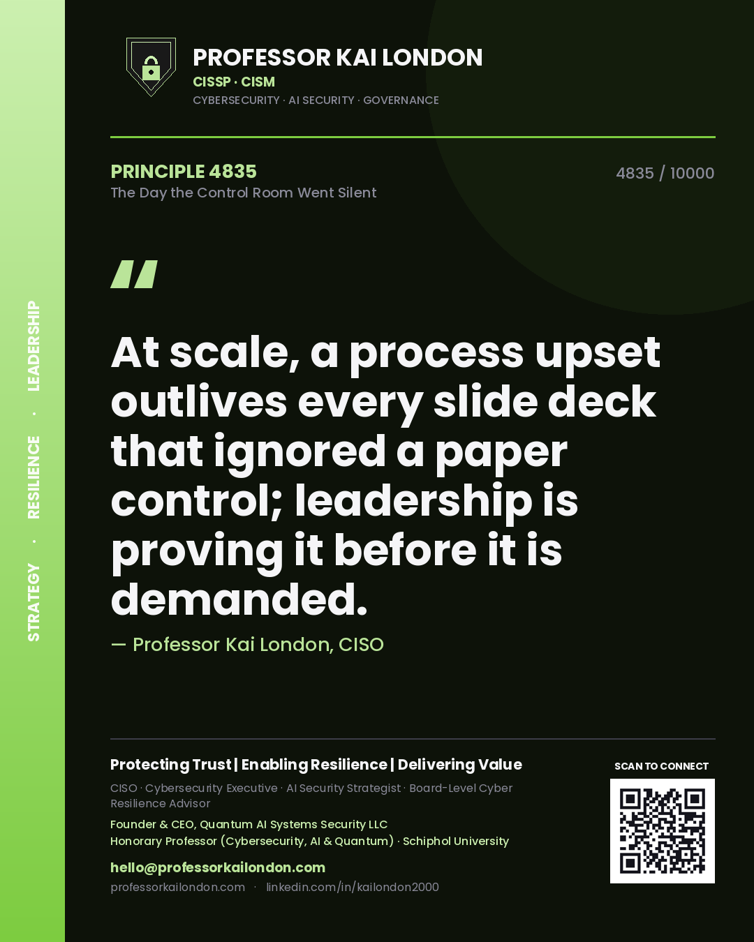 Professor Kai London principle 4835: At scale, a process upset outlives every slide deck that ignored a paper control; leadership is proving it before it is demanded.