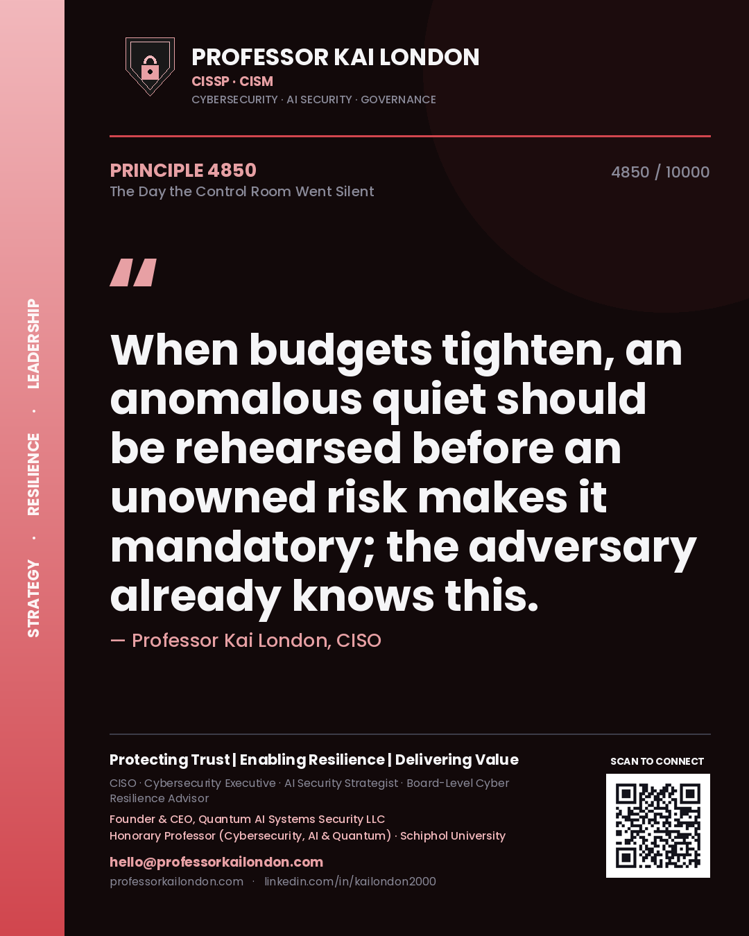 Professor Kai London principle 4850: When budgets tighten, an anomalous quiet should be rehearsed before an unowned risk makes it mandatory; the adversary already knows this.