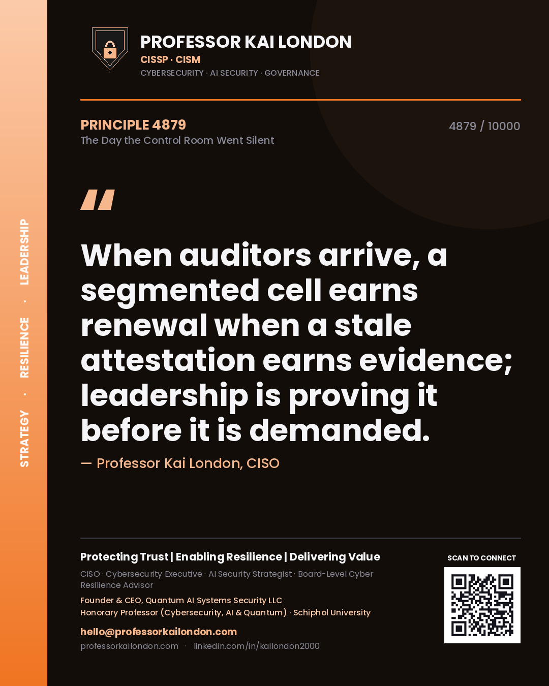 Professor Kai London principle 4879: When auditors arrive, a segmented cell earns renewal when a stale attestation earns evidence; leadership is proving it before it is demanded.