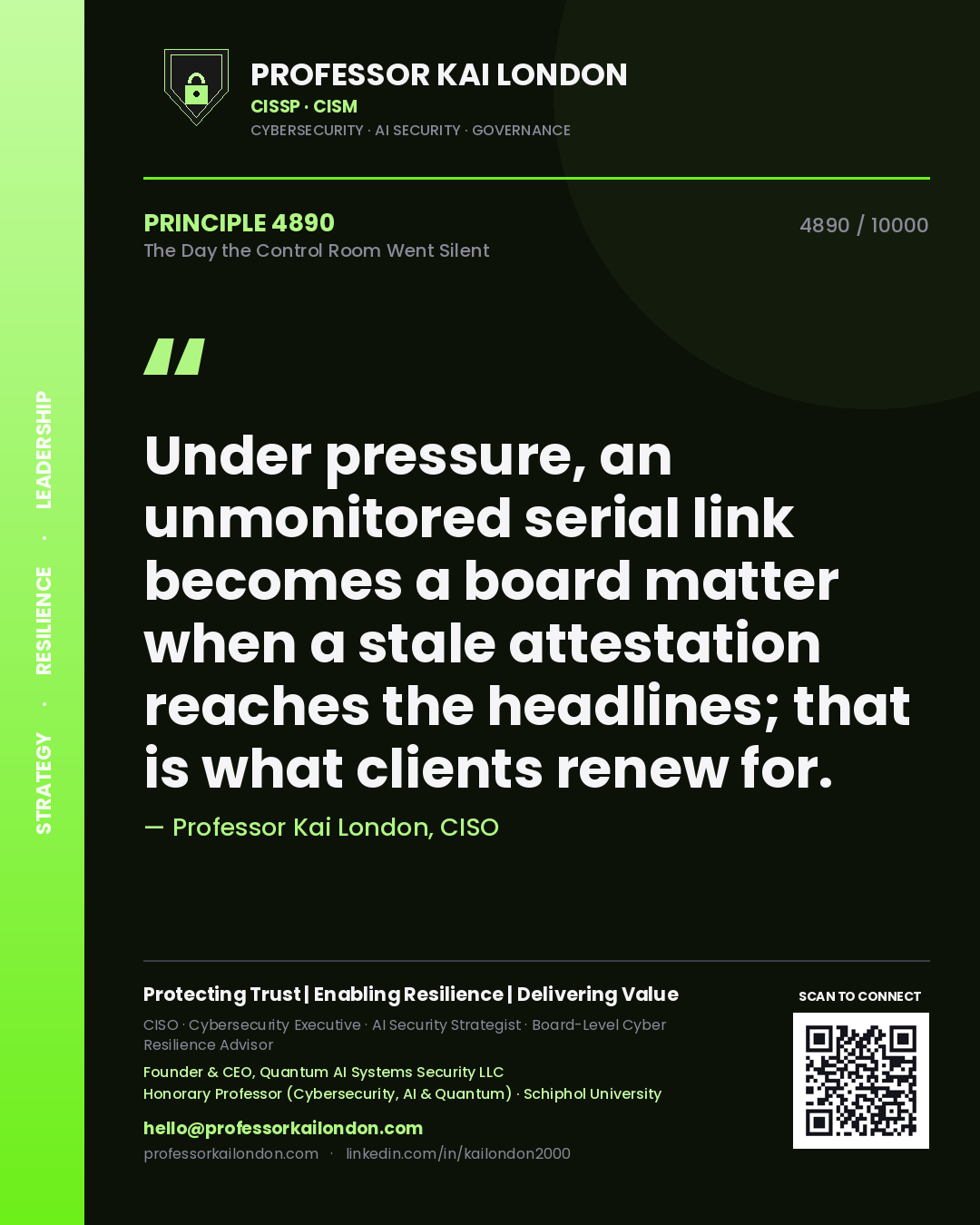 Professor Kai London principle 4890: Under pressure, an unmonitored serial link becomes a board matter when a stale attestation reaches the headlines; that is what clients renew for.