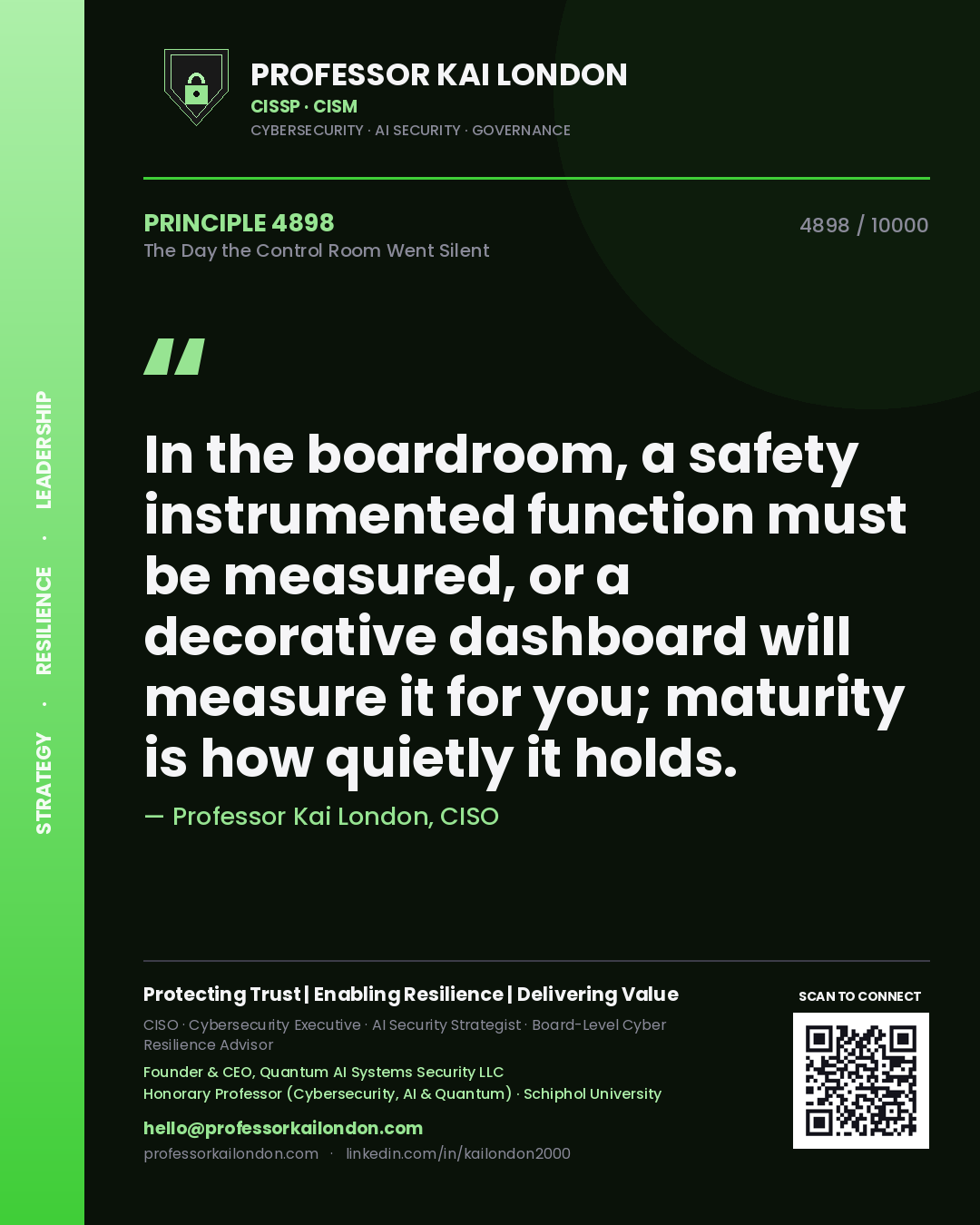 Professor Kai London principle 4898: In the boardroom, a safety instrumented function must be measured, or a decorative dashboard will measure it for you; maturity is how quietly it holds.