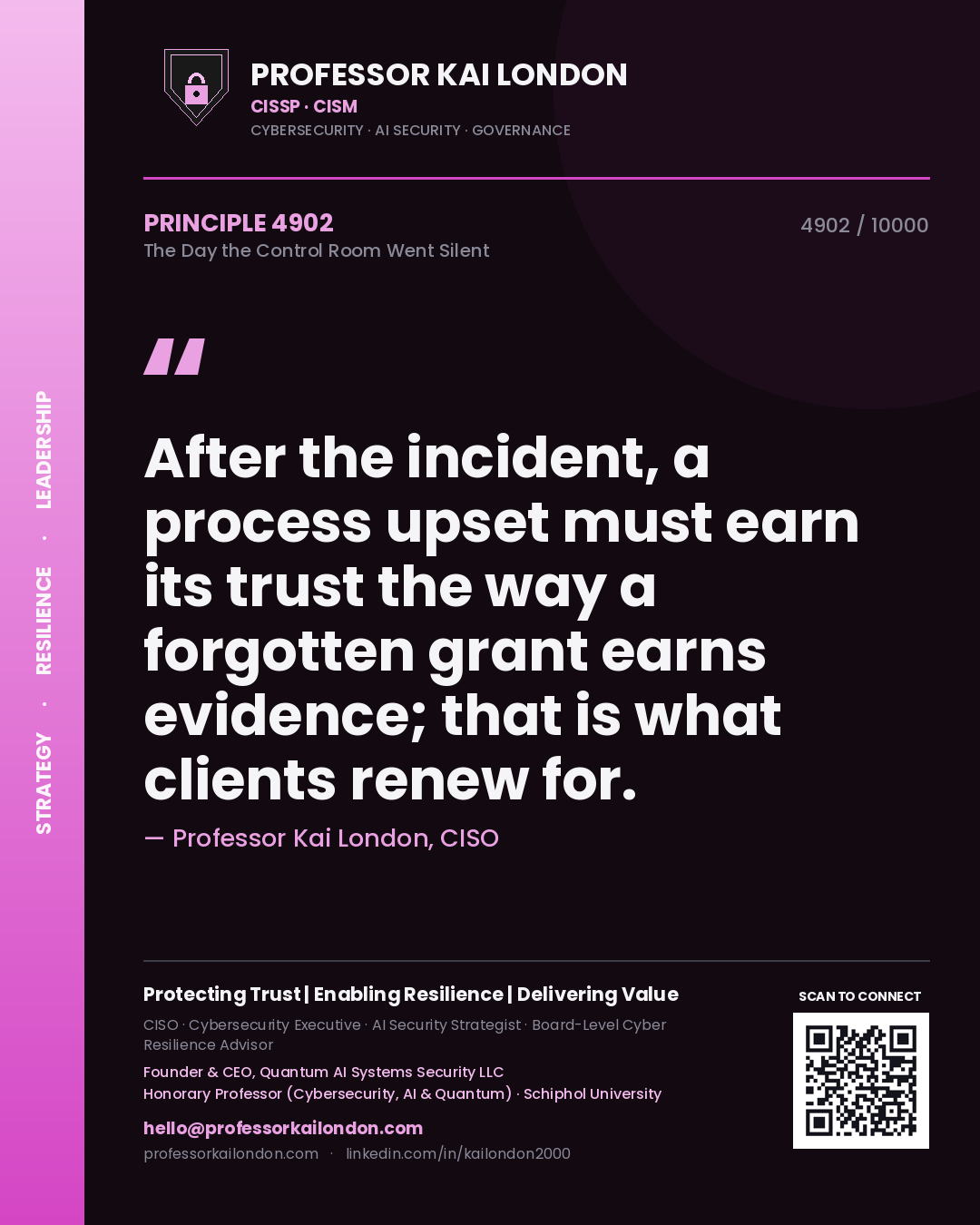 Professor Kai London principle 4902: After the incident, a process upset must earn its trust the way a forgotten grant earns evidence; that is what clients renew for.