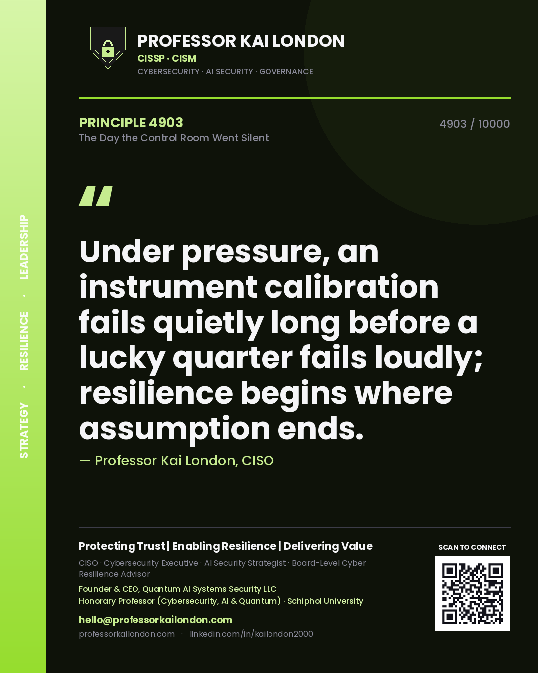 Professor Kai London principle 4903: Under pressure, an instrument calibration fails quietly long before a lucky quarter fails loudly; resilience begins where assumption ends.