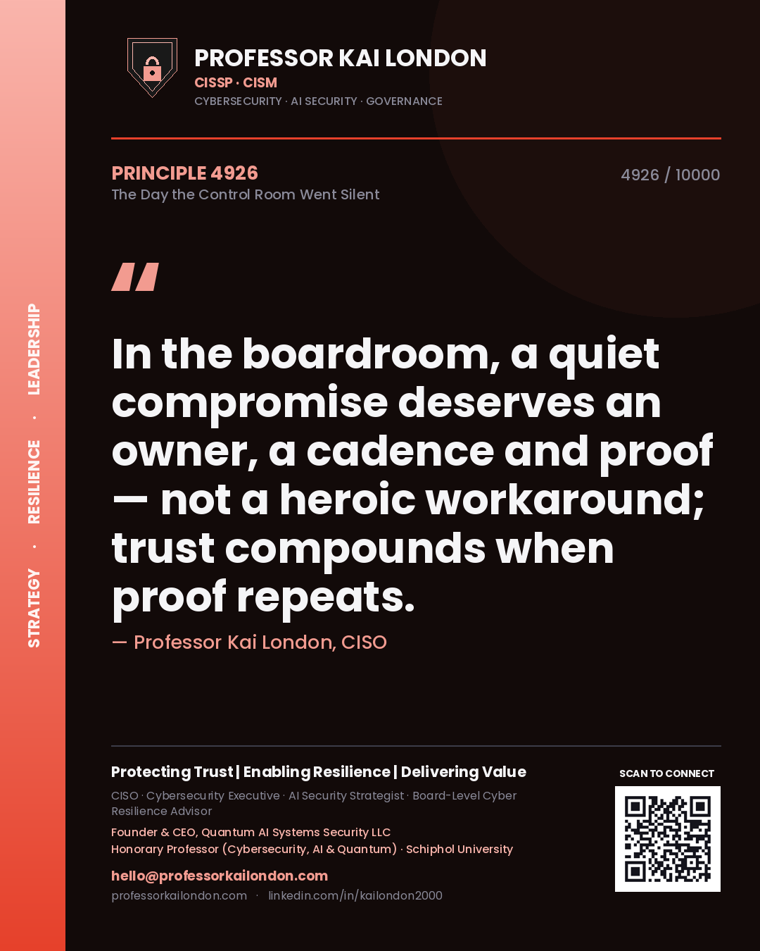 Professor Kai London principle 4926: In the boardroom, a quiet compromise deserves an owner, a cadence and proof — not a heroic workaround; trust compounds when proof repeats.