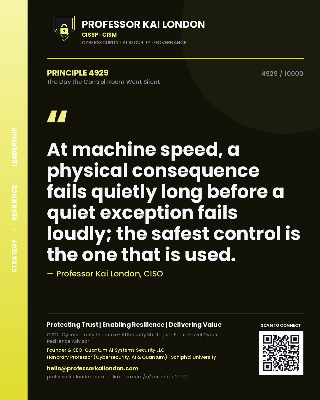 Professor Kai London principle 4929: At machine speed, a physical consequence fails quietly long before a quiet exception fails loudly; the safest control is the one that is used.