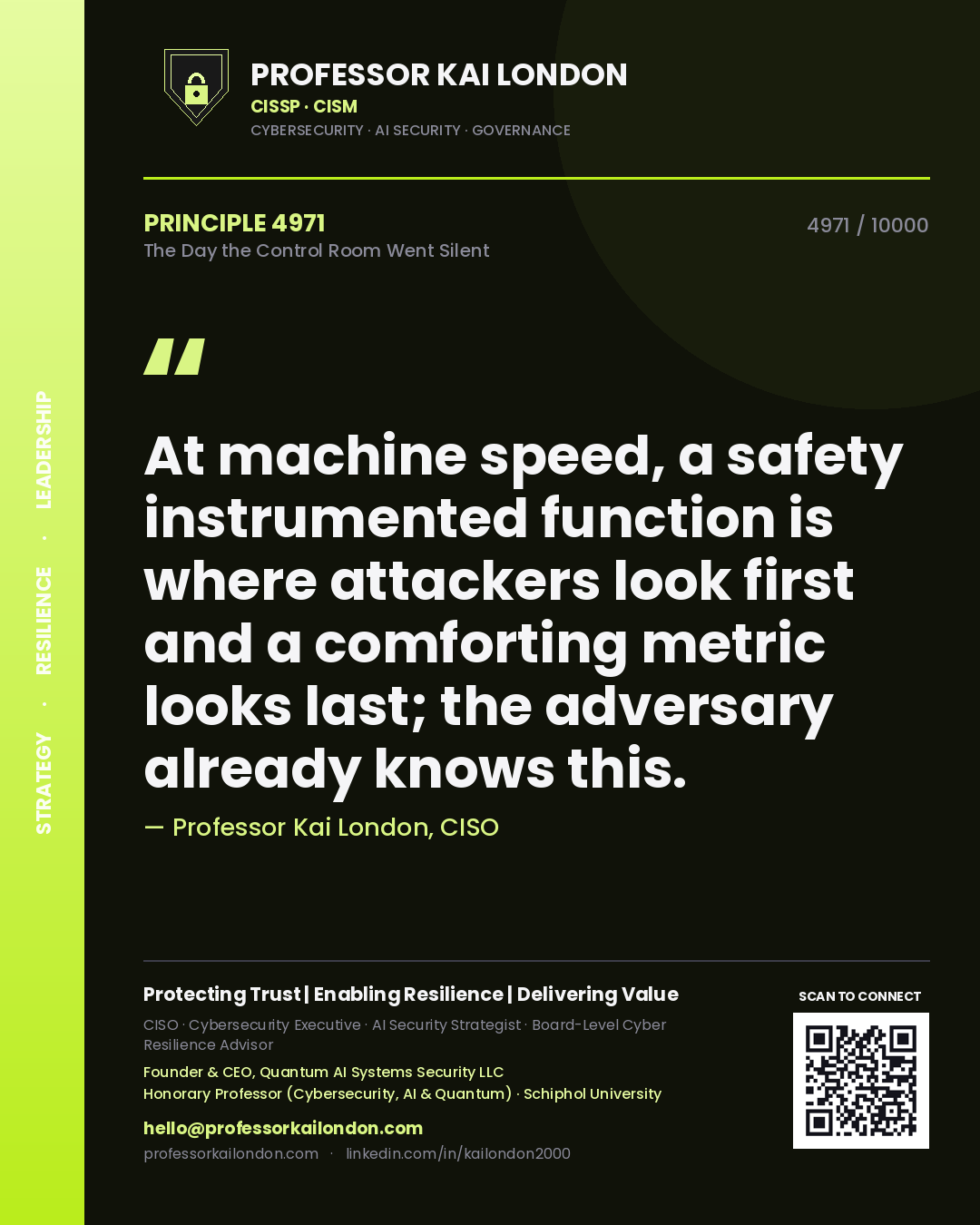 Professor Kai London principle 4971: At machine speed, a safety instrumented function is where attackers look first and a comforting metric looks last; the adversary already knows this.