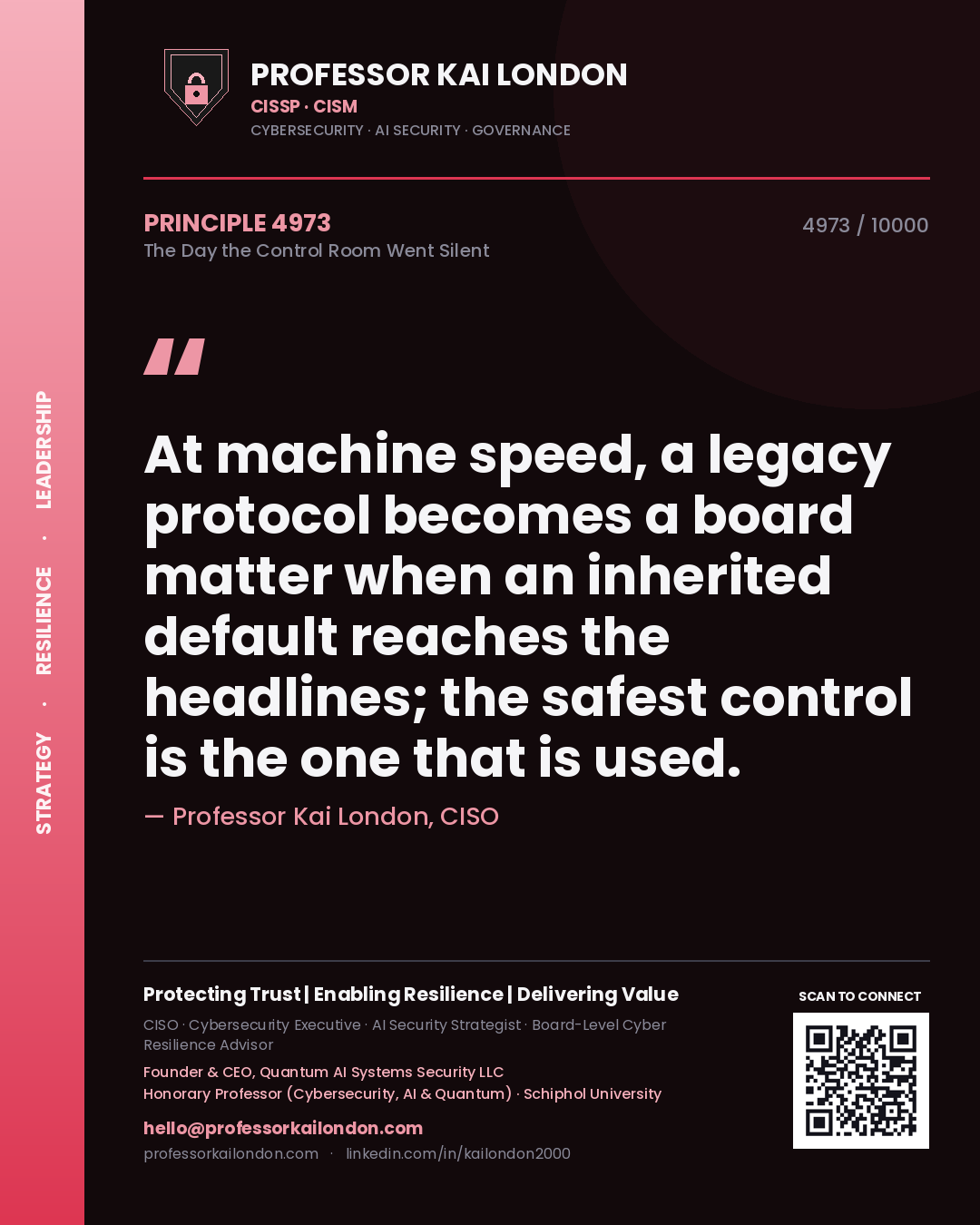 Professor Kai London principle 4973: At machine speed, a legacy protocol becomes a board matter when an inherited default reaches the headlines; the safest control is the one that is used.