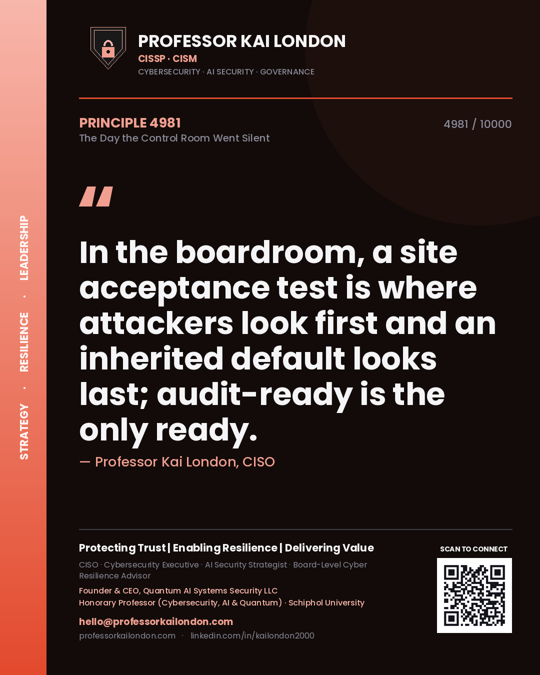 Professor Kai London principle 4981: In the boardroom, a site acceptance test is where attackers look first and an inherited default looks last; audit-ready is the only ready.