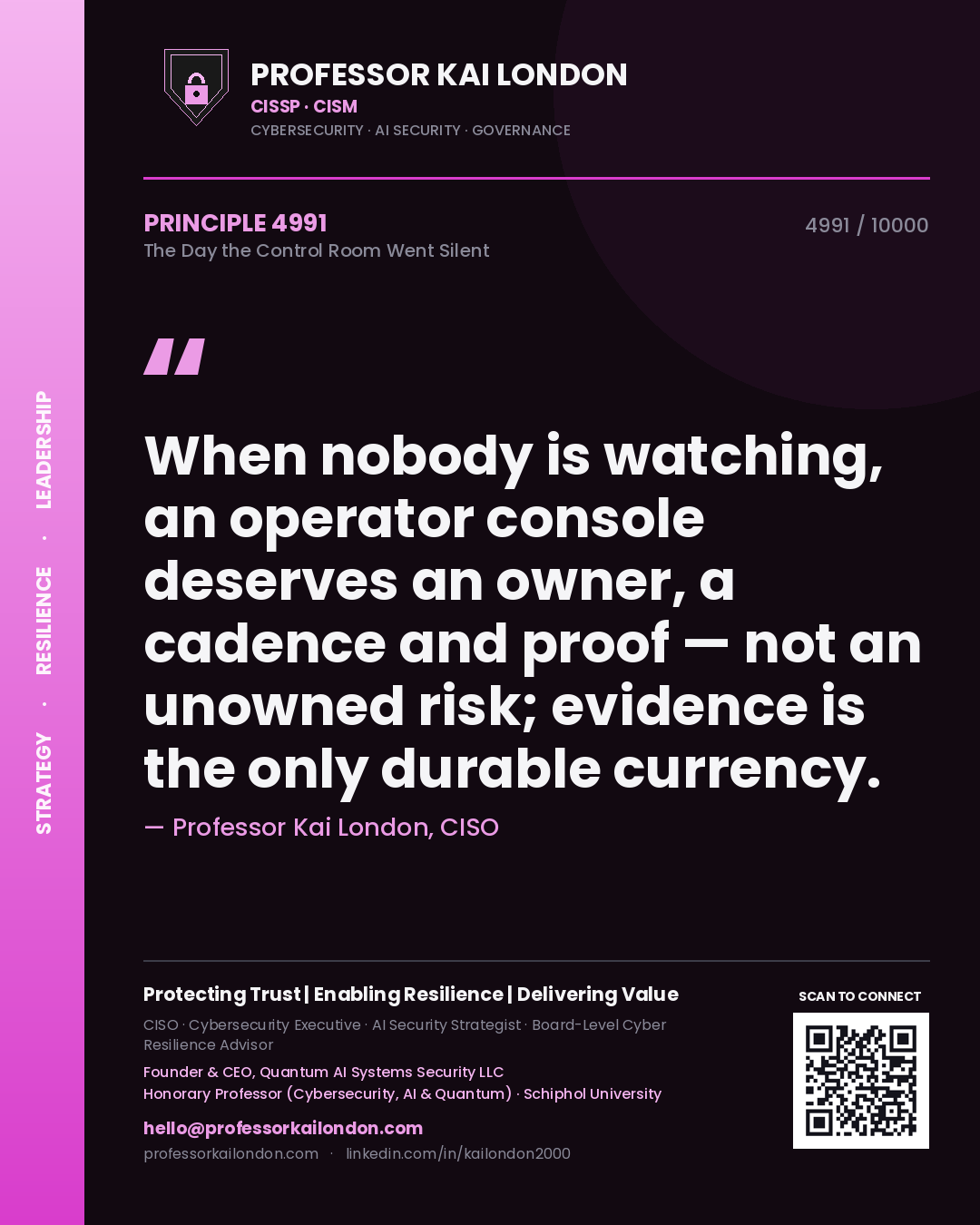 Professor Kai London principle 4991: When nobody is watching, an operator console deserves an owner, a cadence and proof — not an unowned risk; evidence is the only durable currency.