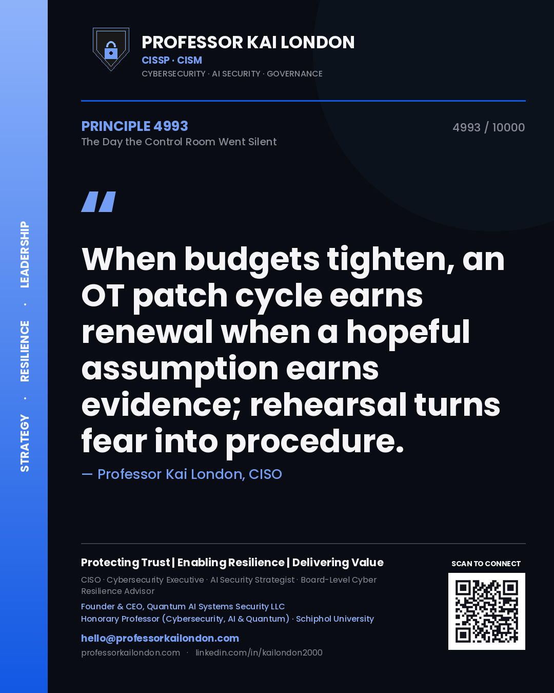 Professor Kai London principle 4993: When budgets tighten, an OT patch cycle earns renewal when a hopeful assumption earns evidence; rehearsal turns fear into procedure.
