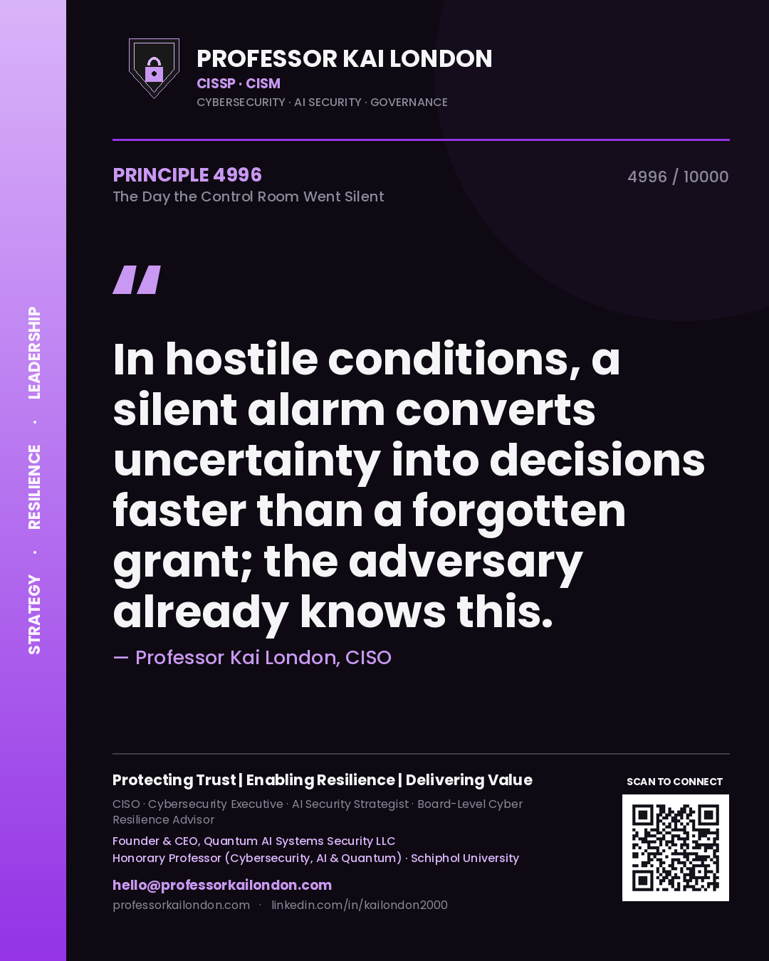 Professor Kai London principle 4996: In hostile conditions, a silent alarm converts uncertainty into decisions faster than a forgotten grant; the adversary already knows this.