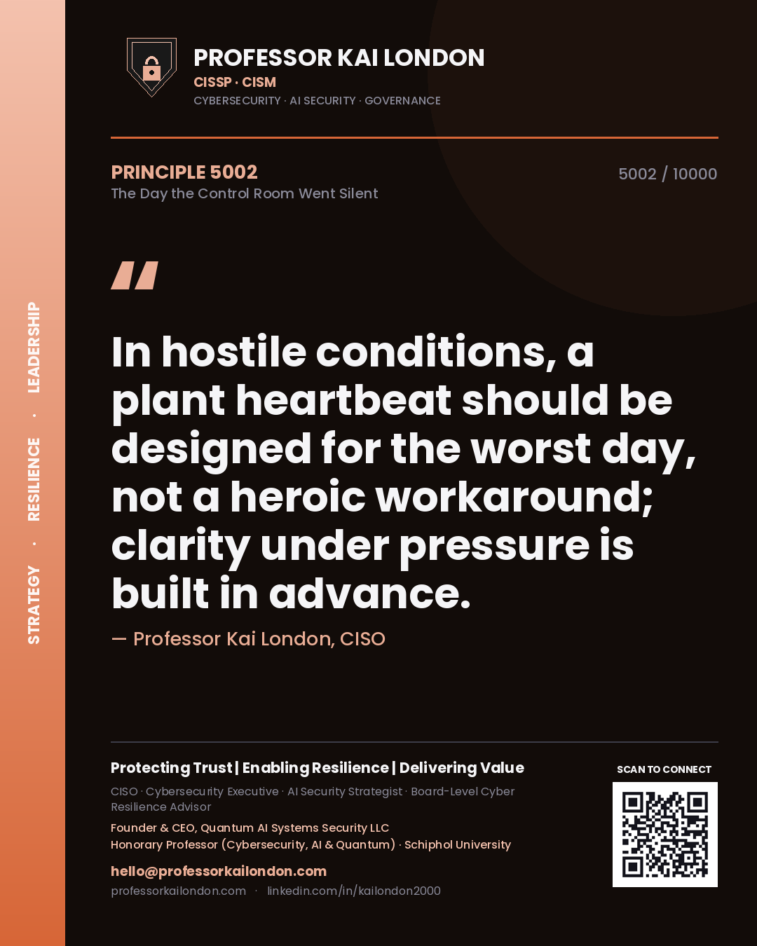 Quote card by Professor Kai London reading 'In hostile conditions, a plant heartbeat should be designed for the worst day, not a heroic workaround; clarity under pressure is built in advance.'. From the book The Day the Control Room Went Silent.
