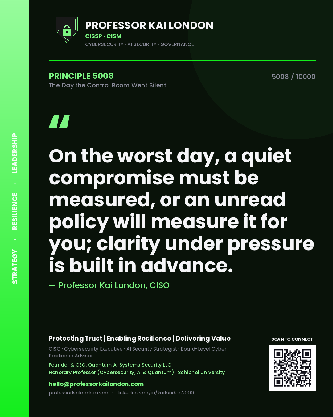 Quote card by Professor Kai London reading 'On the worst day, a quiet compromise must be measured, or an unread policy will measure it for you; clarity under pressure is built in advance.'. From the book The Day the Control Room Went Silent.