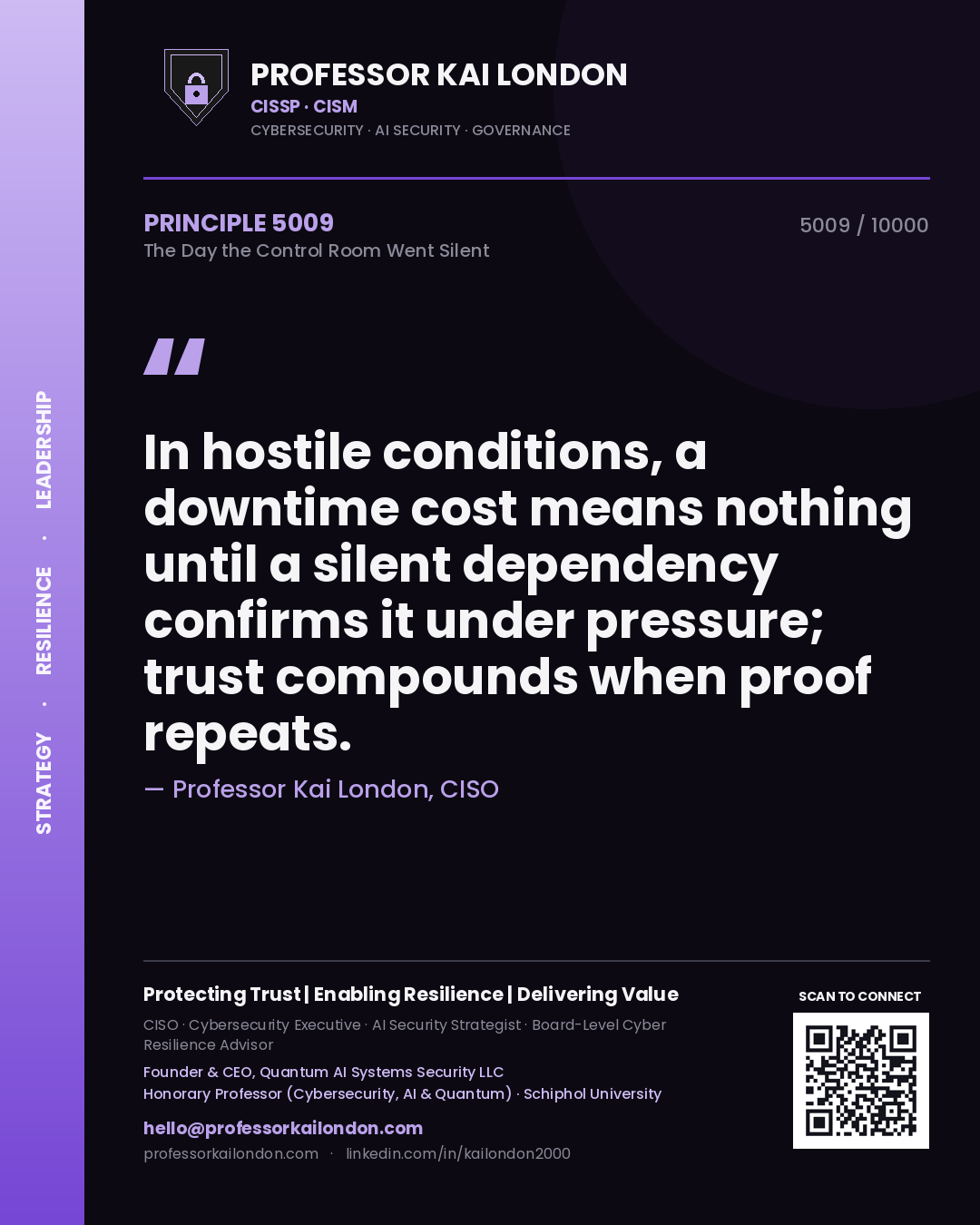 Quote card by Professor Kai London reading 'In hostile conditions, a downtime cost means nothing until a silent dependency confirms it under pressure; trust compounds when proof repeats.'. From the book The Day the Control Room Went Silent.