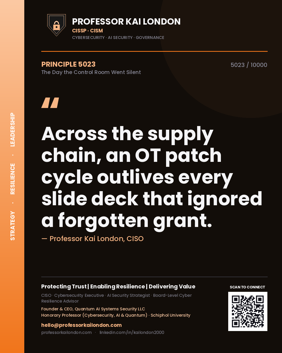 Quote card by Professor Kai London reading 'Across the supply chain, an OT patch cycle outlives every slide deck that ignored a forgotten grant.'. From the book The Day the Control Room Went Silent.