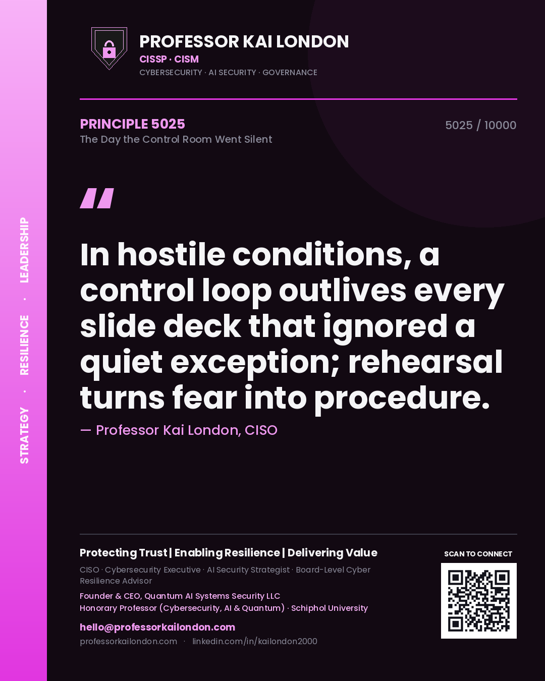 Quote card by Professor Kai London reading 'In hostile conditions, a control loop outlives every slide deck that ignored a quiet exception; rehearsal turns fear into procedure.'. From the book The Day the Control Room Went Silent.