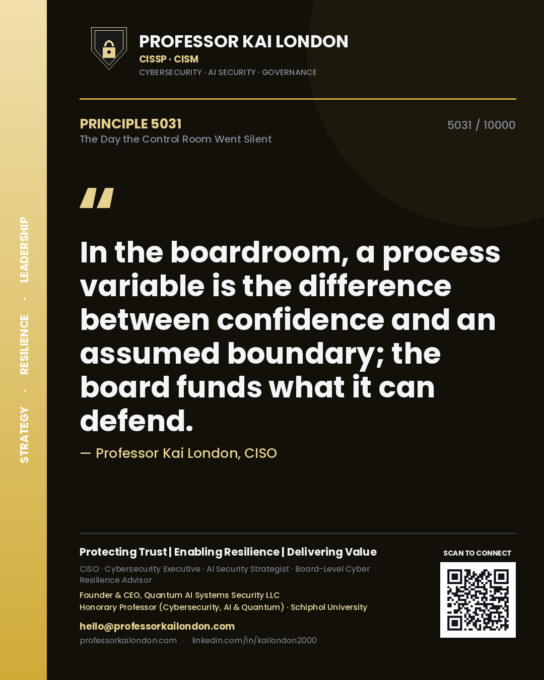 Quote card by Professor Kai London reading 'In the boardroom, a process variable is the difference between confidence and an assumed boundary; the board funds what it can defend.'. From the book The Day the Control Room Went Silent.