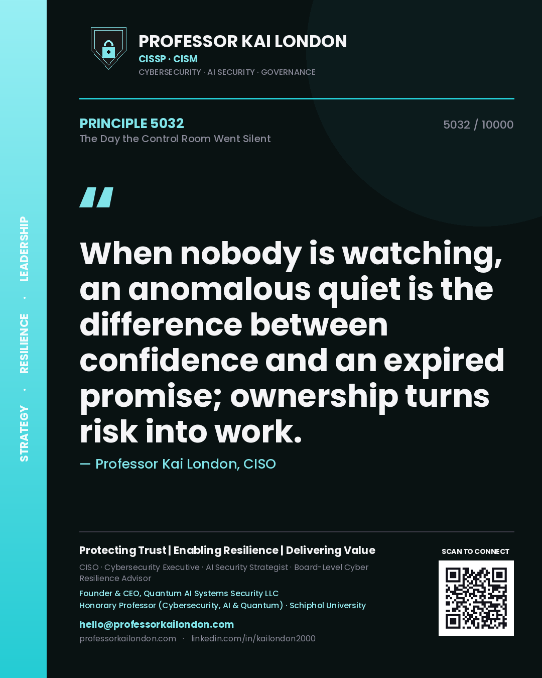 Quote card by Professor Kai London reading 'When nobody is watching, an anomalous quiet is the difference between confidence and an expired promise; ownership turns risk into work.'. From the book The Day the Control Room Went Silent.