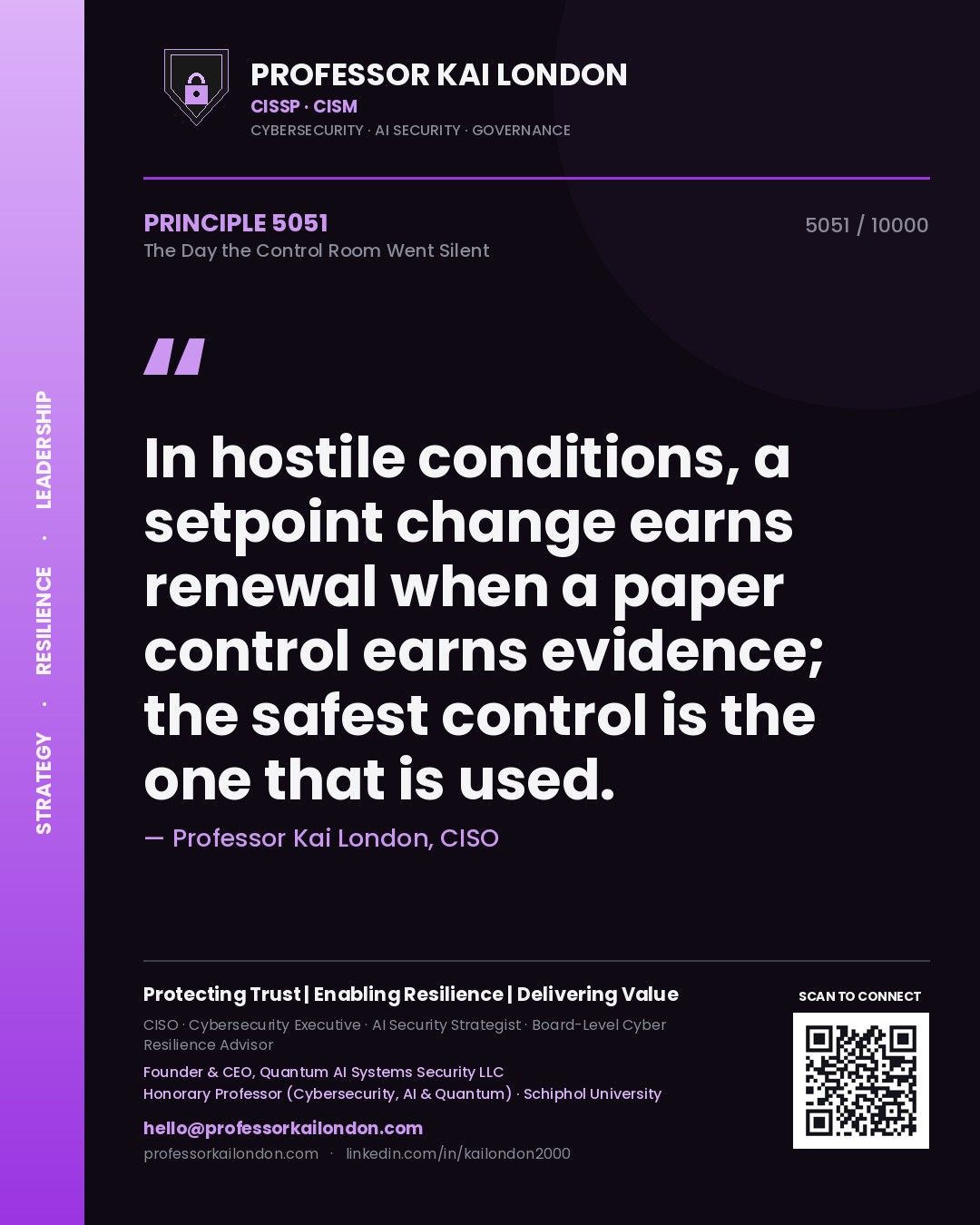 Quote card by Professor Kai London reading 'In hostile conditions, a setpoint change earns renewal when a paper control earns evidence; the safest control is the one that is used.'. From the book The Day the Control Room Went Silent.