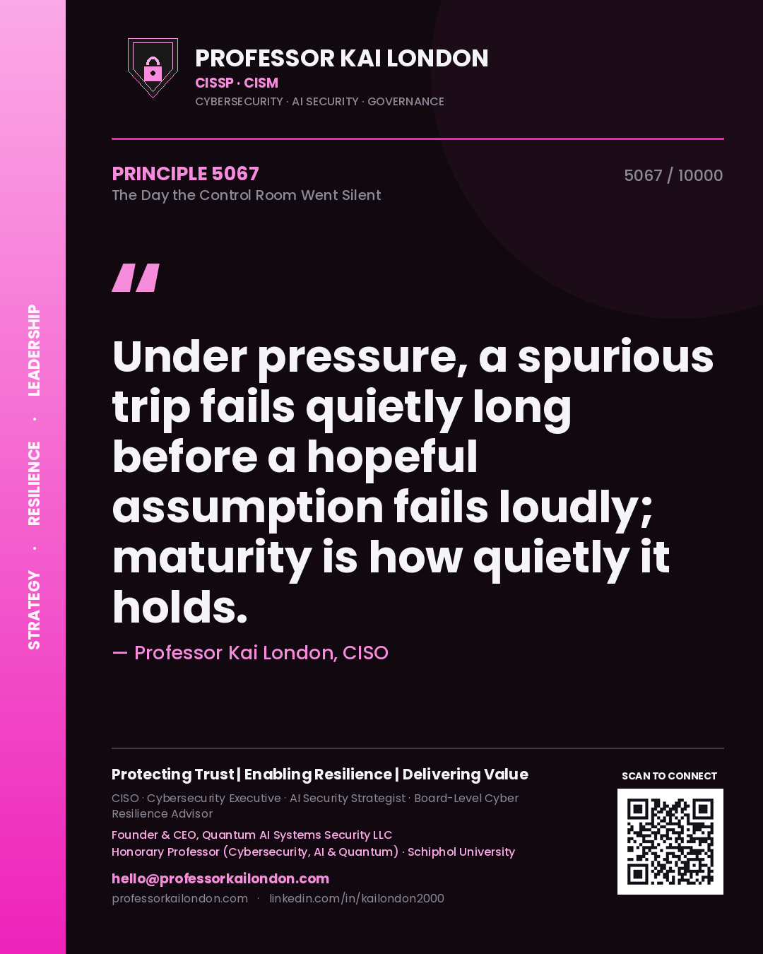 Professor Kai London principle 5067: Under pressure, a spurious trip fails quietly long before a hopeful assumption fails loudly; maturity is how quietly it holds.